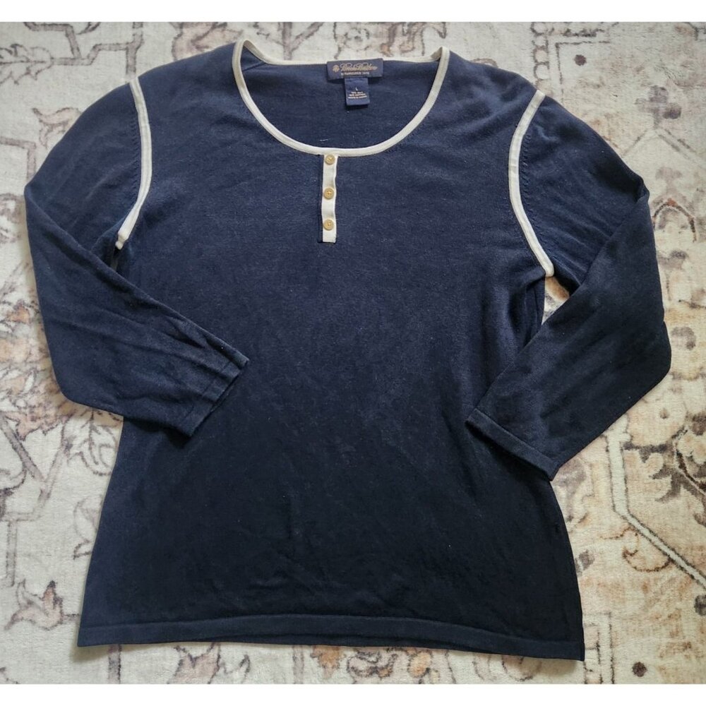 Brooks Brothers Women's Sz. L Navy & Cream Silk Blend 3/4 Sleeve Sweater